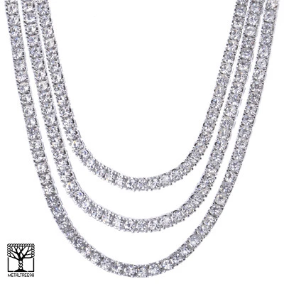 Мужская 20» / 22» / 24» Iced CZ тройной серебро покрытием теннис цепочка ожерелье комплект  - Изображение 1 из 3