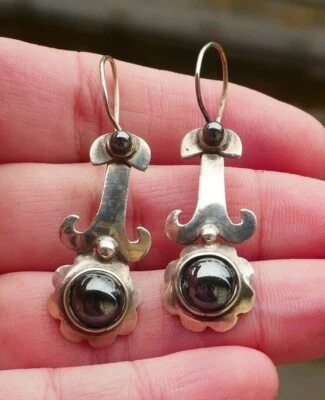 Vintage 950 Fine Silver & Hematite Kidney Wire Back Drop Earrings  - Image 1 of 4