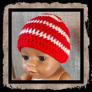 Striped Crochet Baby hat Beanie Boys 6-12 Months Red Preppy Boho Retro Cute - Picture 1 of 9