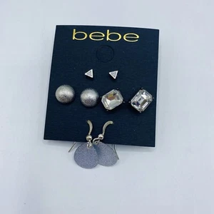 bebe Earrings Silvertone Set of 4 Pairs Stud Hook Round Triangle - Picture 1 of 4