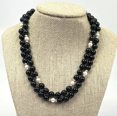 Onyx & Akoya 珍珠项链 14K YG 黄金庄园 8 毫米珠子复古 33.5 英寸长外观 — 第 1/4 张图片