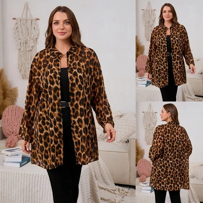 UK Women Plus Size Leopard Print Shirts Chiffon Long Sleeve Collar Tops Blouse - Image 1 of 4