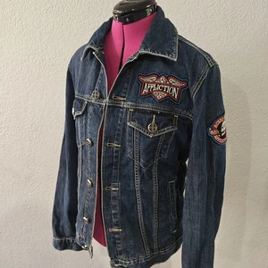 Chaqueta de Jean Azul Denim Affliction Negra Premium con Parches Rock Moto Mediana - Imagen 1 de 18