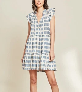 Veronica Beard Zee Ikat Ruffle Tiered Flutter Sleeve Mini Dress Boho Blue 10 - Picture 1 of 24