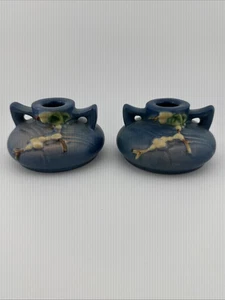 Vtg Roseville Pottery Pair of Persian Blue Snowberry Candle Holders  1940’s 1CS1 - Picture 1 of 8