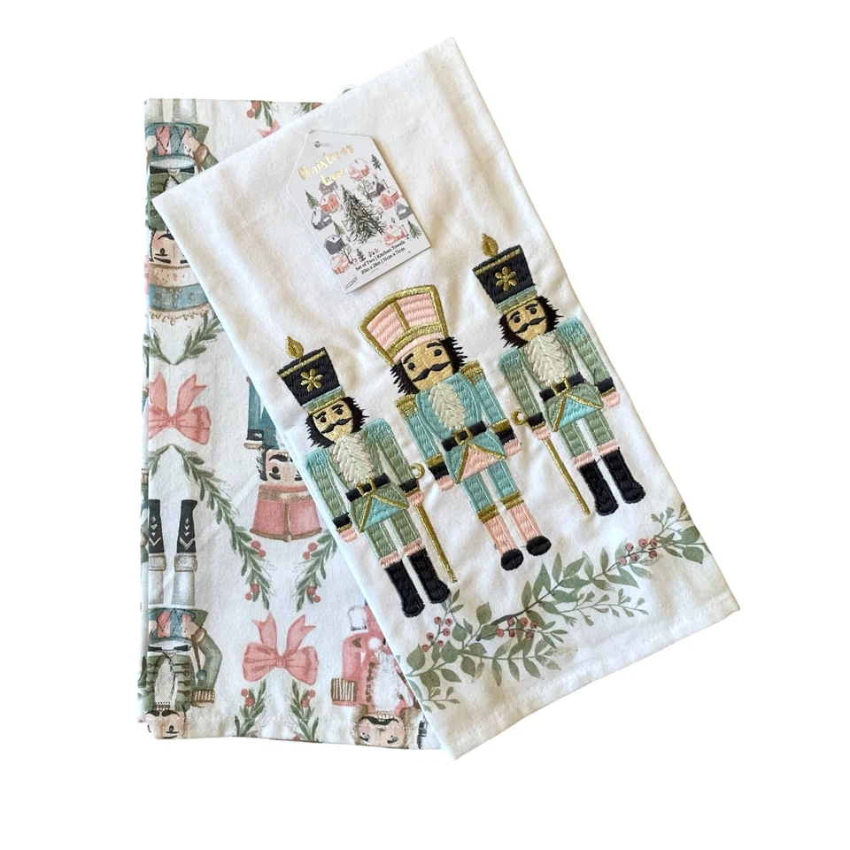 Christmas Pastel Nutcracker Kitchen Towels 20 x 28 Set of 2 Embroidered New - Image 1 of 4