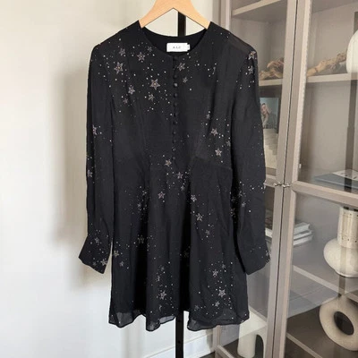 A.L.C. Mini Vestido de Seda Negro Constelación Estampado de Estrellas Manga Larga Botón Delantero 4 Foto 1 de 4