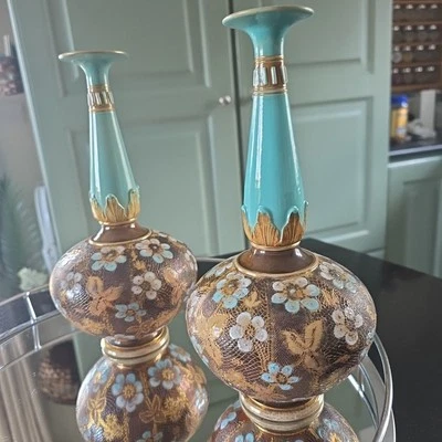 S RARE Matched pair Antique Doulton & slaters Lambeth Stoneware Aqua Vases Art D - Image 1 of 4