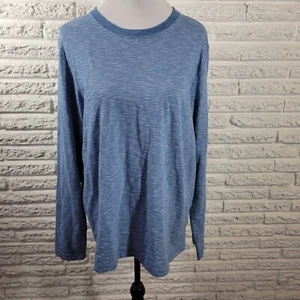Lands End Mens Shirt Large L 44 46 Tee Long Sleeve Blue Stripe Cotton Blend Crew - Picture 1 of 9