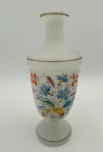 Bristol Glass Vase White Frosted Blue Florals Hand Painted - ANTIQUE 8" - Picture 1 of 7