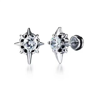 Retro Punk Gothic North Star Stainless Steel CZ Cross Earrings Ear Studs Rings