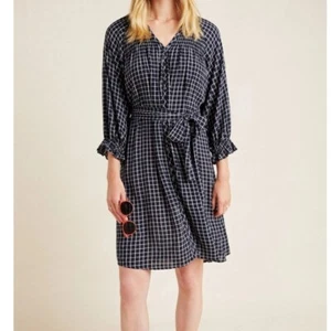Maeve Anthropologie Sara Smocked Belted Tie Navy Plaid Shirt Dress Sz L - Foto 1 di 7