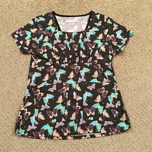 Koi Scrub Top Womens XS Black Short Sleeve Butterfly Pattern - Picture 1 of 10