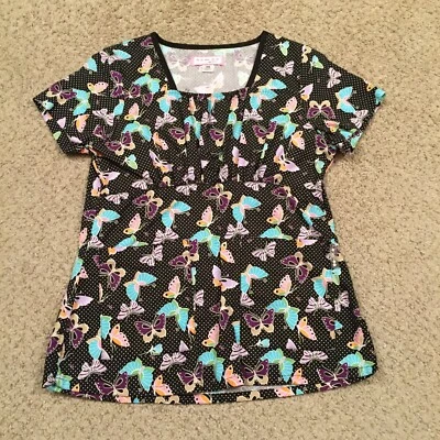Koi Scrub Top Womens XS Black Short Sleeve Butterfly Pattern - Image 1 of 4
