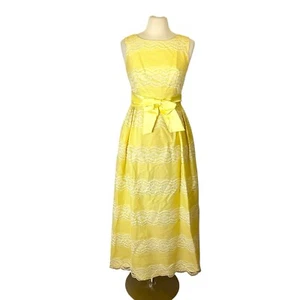 Retro Vintage Handmade Lemon Yellow Floral Lace Long Dress w Bow Crinoline Prom - Picture 1 of 6