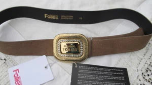 BLUMARINE taupe leather BELT luxury gold+diamante logo'd buckle Italy made bnwt - Picture 1 of 4
