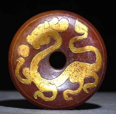 Antigua Dinastía China Natural Hetian Jade Plata Dorado Dragón Bestia Larga Yu Bi Foto 1 de 4