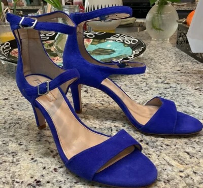 ANTONIO MELANI Womens Sz 8 M BALDTYN Blue Suede Double Strap-Zip Back High Heel - Image 1 of 4