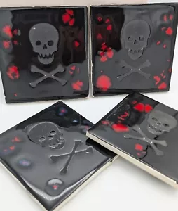 Tile Coasters Set Of 4 Square Heat Black Red Blue Skull Crossbones Halloween - Picture 1 of 13