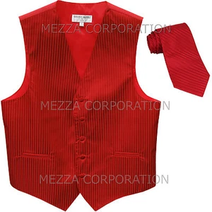New Men's Tuxedo Vest Waistcoat Vertical Stripes Necktie prom wedding party Red - Picture 1 of 3