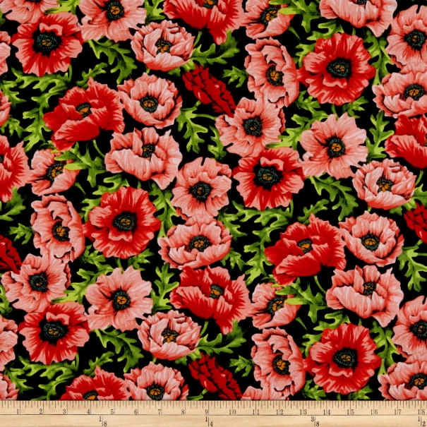 58 INCHES Clothworks POPPY POETRY Coral Print 100% Cotton Quilt Fabric by PIECE - Image 1 of 1