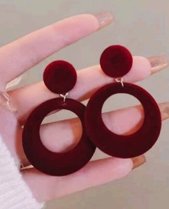 Deep Red Suede Velvet Retro Round Light Weight Drop Dangling Hoop Earrings - Picture 1 of 6