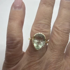 Anello in argento sterling oro vermeil lacrima prasiolite aureola misura 8 firmato DK - Foto 1 di 7