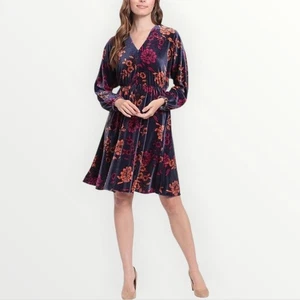 Maggy London Damen 2X Plus Size Samt Blumen Midikleid Langarm Dunkellila - Bild 1 von 10