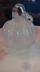 Blown Art Glass White Speckle Halloween Thanksgiving Pumpkin 5” X 4.5” - Picture 1 of 4