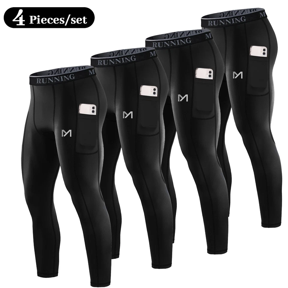 4 Pack Men's Compression Pants Baselayer Running Tights Leggings for Sports Gym - Image 1 of 4