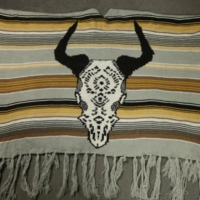 Cattle Skull Steer Cow Striped Fringed Serape Open Front Poncho Gray Yellow OS - Image 1 of 4