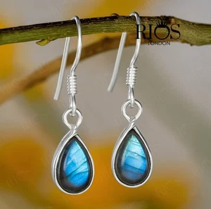 925 Sterling Silver Labradorite Dangle Earrings Hook Tear Drop Studs Gift Boxed - Picture 1 of 6