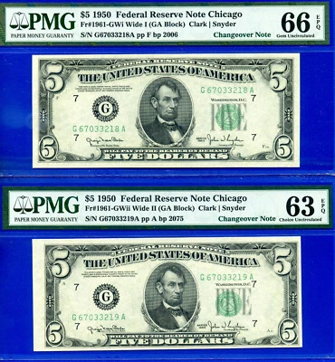 1950 $5 Federal Reserve Note PMG 66EPQ changeover pair Fr 1961-G Wide I Wide II - Image 1 of 2