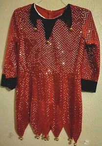 Santa's Elf Girl Costume Red Glittered Bells Black Velvet Collar - Picture 1 of 5