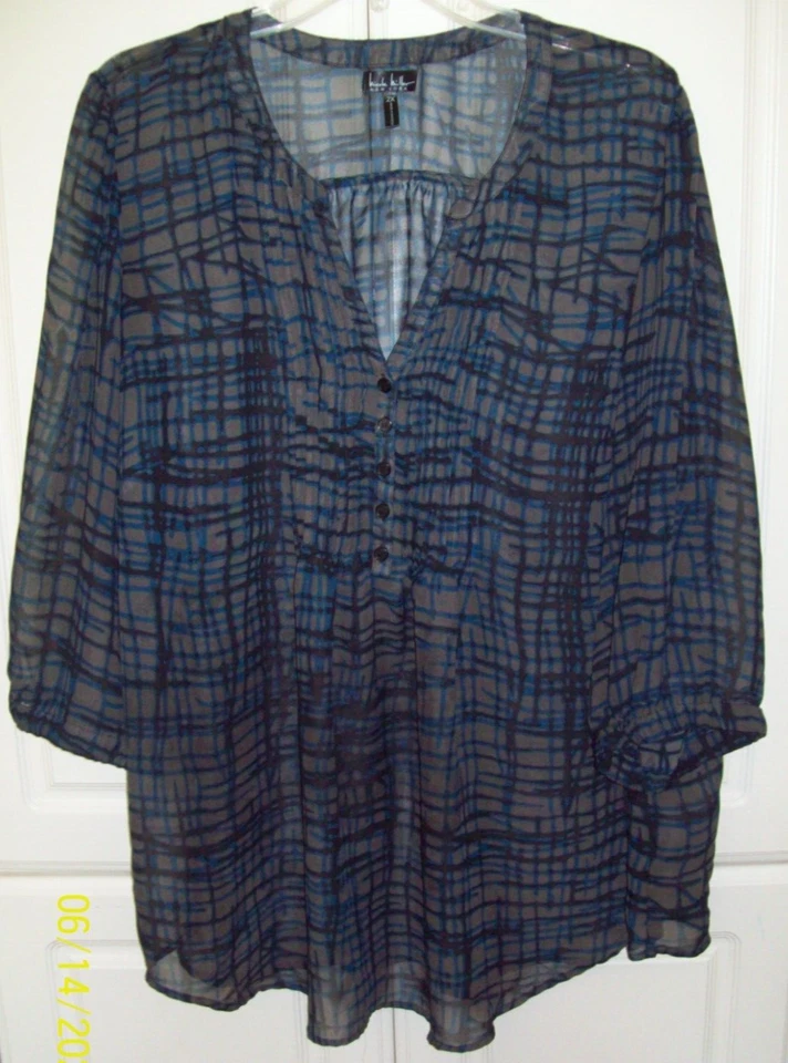 Nicole Miller NY Sheer Blouse 2X 3/4 Sleeve V-Neck Brown w Blue Plaid BUST 54 - Image 1 of 1