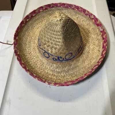 Child Sombrero Straw Hat Children’s Costume Play Red Rim Blue Stitching - Image 1 of 3