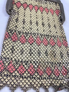 Enamel Chain Mail Purse Mandalian Silver Frame Coral Cream Mesh Antique - Picture 1 of 5