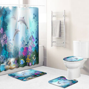 Ocean 3D Printing Waterproof Shower Curtain with Rug Toilet Cover Bath Mat Set，