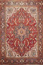 Red Vintage Traditional Geometric Heriz Area Rug 7x9 Hand-Knotted Wool Carpet