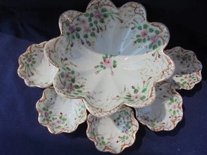 Moriage Scalloped Footed Bowl Set Hand Painted Cherry Blossom Design - Picture 1 of 7