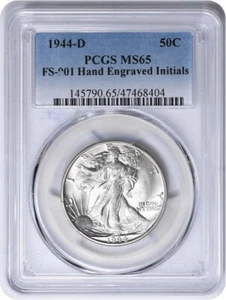 1944-D Walking Liberty Half Dollar Hand Engraved Initials FS-901 MS65 PCGS - Picture 1 of 2