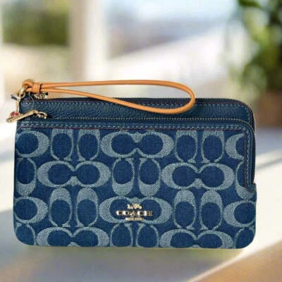 Coach Double Zip Phone Wallet Blue Signature Denim CZ321 Wristlet Leather - Image 1 of 4