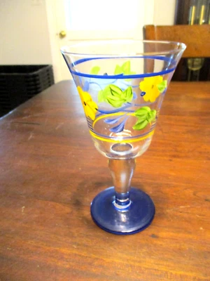Gibson Hand Painted Yellow Daisy Flowers  Water Goblet W/Cobalt Blue Base clear - Image 1 of 4