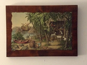 VTG Decoupage Wood Picture Robinson Crusoe and his Pets - 15.5" x 11" - Picture 1 of 3