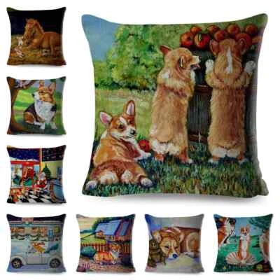 Oil Painting Dog Pillow Case Decor Cartoon Welsh Corgi Pembroke Cushion Cover  - Image 1 of 4