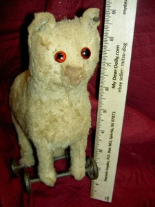 Antique c1905 STEIFF BUTTON-in-EAR straw stuffed cat kitten on cast iron wheels - Picture 1 of 24