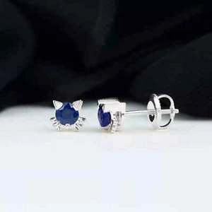 1 Ct Round Cut Simulated Sapphire Cat Face Stud Earring 14k White Gold Plated - Picture 1 of 6