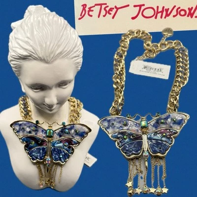 Collar Betsey Johnson Grande Piedra Azul Mariposa Colgante Cristal Borla Oro Foto 1 de 4