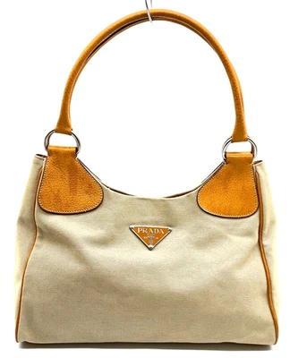 Auth PRADA Triangle Logo Canapa Cinghiale Canvas Yellow Shoulder Bag i110545 - Image 1 of 4