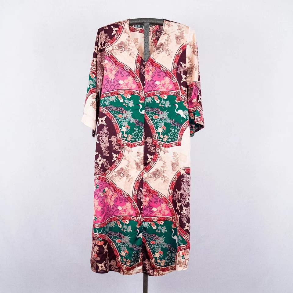 Camisón NATORI Inspirado en Asia Satén Caftán Caftán Cremallera PEQUEÑO Pájaro Flor Grúa Foto 1 de 4